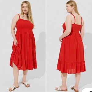 Red Smocked Midi Sundress with Adjustable Straps
